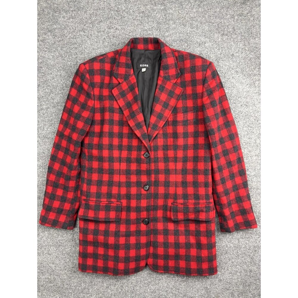 KORS Blazer Womens 6 Red Black Buffalo Check Wool Angora Made in Italy 3 Button